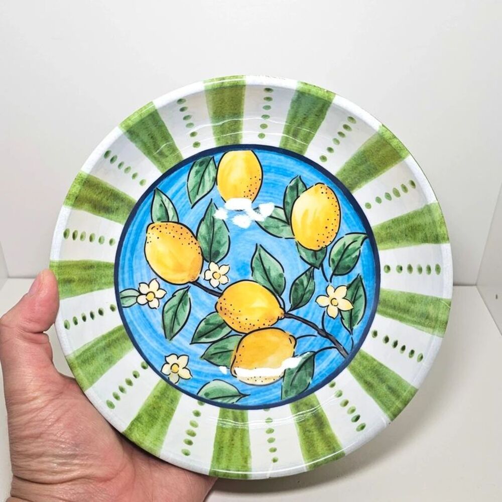 Lemons On Branch Striped Serving Bowl - BPA-Free Plastic Dish Decor